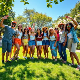 A lively group photo capturing the joy of a diverse group of friends gathered together in a sunny park