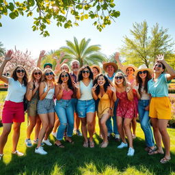 A lively group photo capturing the joy of a diverse group of friends gathered together in a sunny park