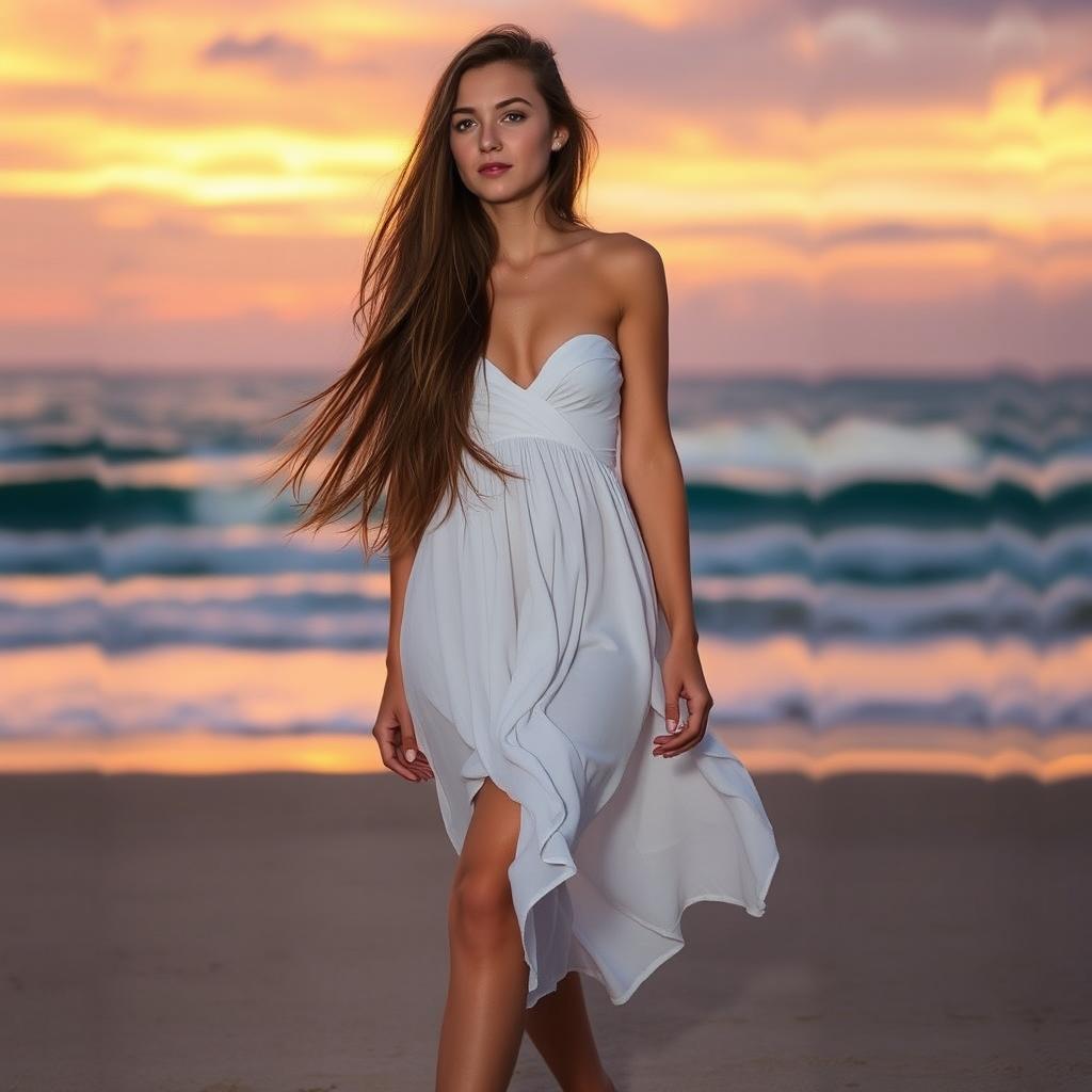 A beautiful young woman with long flowing hair, standing on a beach at sunset