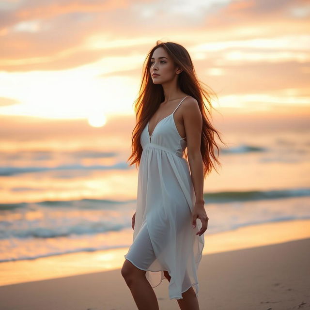 A beautiful young woman with long flowing hair, standing on a beach at sunset