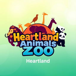 A captivating YouTube channel profile photo for 'Heartland Animals Zoo' featuring a colorful arrangement of animal silhouettes including a lion, elephant, giraffe, bird, and panda