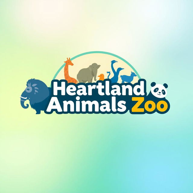 A captivating YouTube channel profile photo for 'Heartland Animals Zoo' featuring a colorful arrangement of animal silhouettes including a lion, elephant, giraffe, bird, and panda