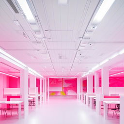 A futuristic co-working space featuring a white vinyl floor, white ceiling, and white lighting. Added hot pink design elements juxtapose against the white. Long co-working style desks and chairs accommodate 30-50 people.