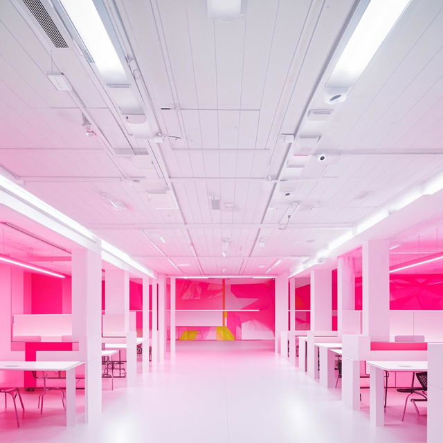 A futuristic co-working space featuring a white vinyl floor, white ceiling, and white lighting. Added hot pink design elements juxtapose against the white. Long co-working style desks and chairs accommodate 30-50 people.