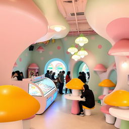 An interior view of a whimsical ice cream shop featuring unique architecture inspired by mushrooms
