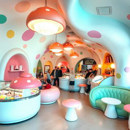 An interior view of a whimsical ice cream shop featuring unique architecture inspired by mushrooms