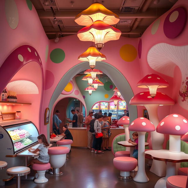 An interior view of a whimsical ice cream shop featuring unique architecture inspired by mushrooms