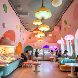An interior view of a whimsical ice cream shop featuring unique architecture inspired by mushrooms