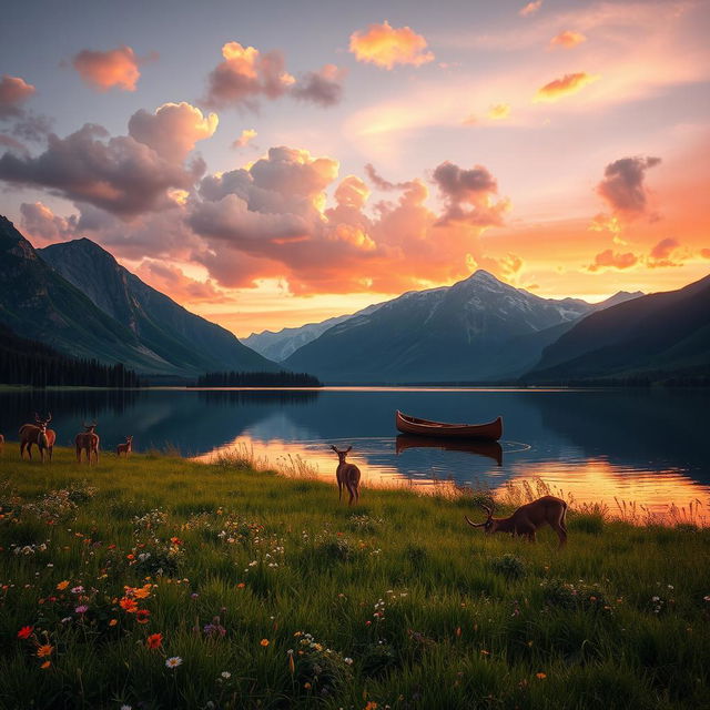 A serene landscape featuring a tranquil lake surrounded by majestic mountains, reflecting the vibrant colors of a sunset