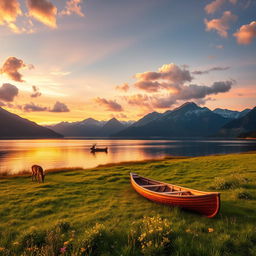 A serene landscape featuring a tranquil lake surrounded by majestic mountains, reflecting the vibrant colors of a sunset