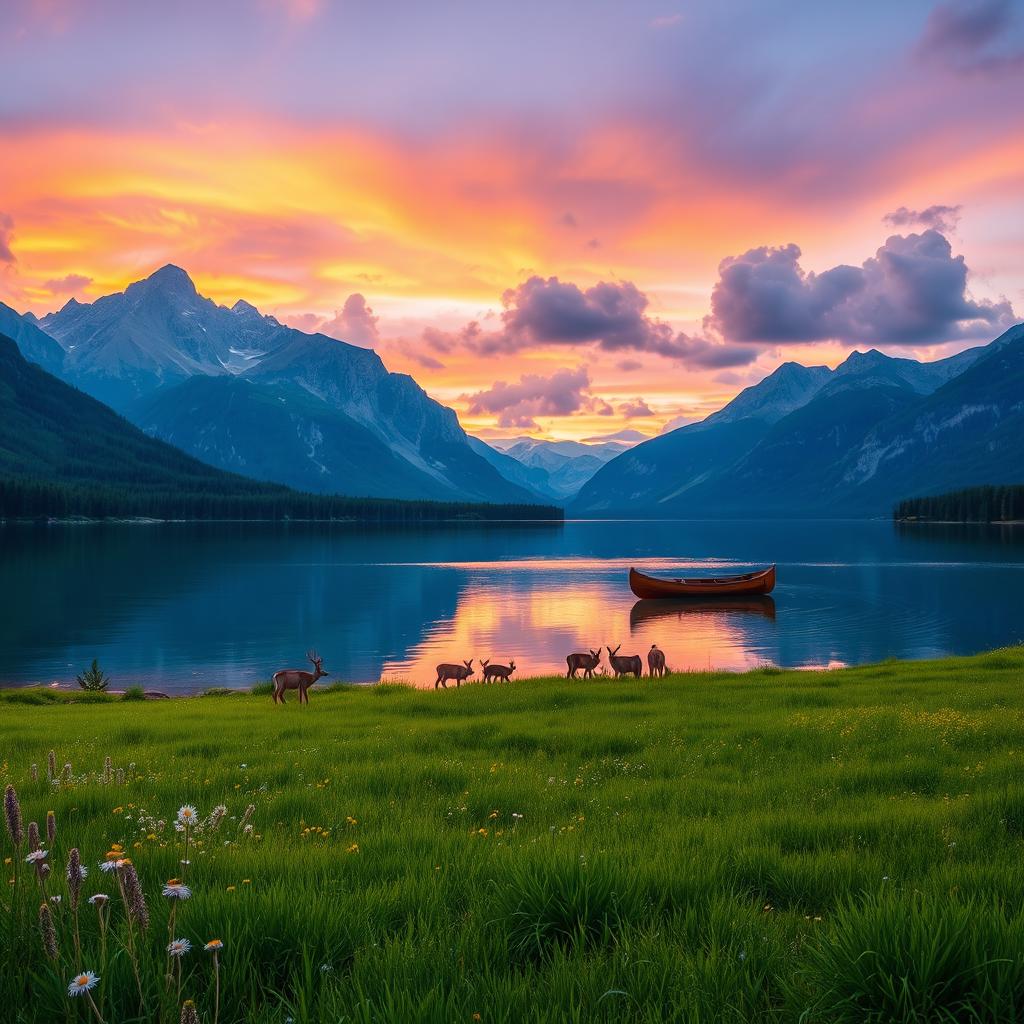 A serene landscape featuring a tranquil lake surrounded by majestic mountains, reflecting the vibrant colors of a sunset