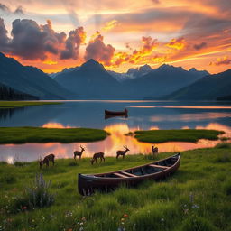 A serene landscape featuring a tranquil lake surrounded by majestic mountains, reflecting the vibrant colors of a sunset
