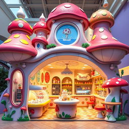 A whimsical ice cream shop featuring an imaginative design inspired by mushrooms