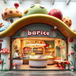 A whimsical ice cream shop featuring an imaginative design inspired by mushrooms