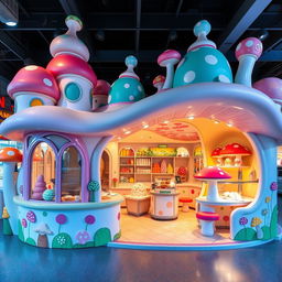 A whimsical ice cream shop featuring an imaginative design inspired by mushrooms
