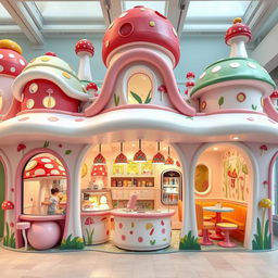 A whimsical ice cream shop featuring an imaginative design inspired by mushrooms