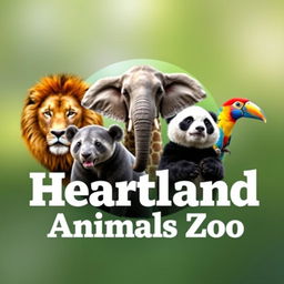 A stunning YouTube channel profile photo for 'Heartland Animals Zoo', featuring high-quality, real photographs of iconic animals: a lion, elephant, giraffe, panda, and a colorful bird