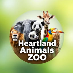 A stunning YouTube channel profile photo for 'Heartland Animals Zoo', featuring high-quality, real photographs of iconic animals: a lion, elephant, giraffe, panda, and a colorful bird