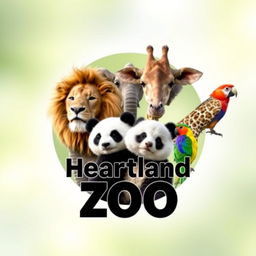 A stunning YouTube channel profile photo for 'Heartland Animals Zoo', featuring high-quality, real photographs of iconic animals: a lion, elephant, giraffe, panda, and a colorful bird
