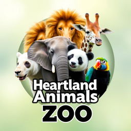 A stunning YouTube channel profile photo for 'Heartland Animals Zoo', featuring high-quality, real photographs of iconic animals: a lion, elephant, giraffe, panda, and a colorful bird