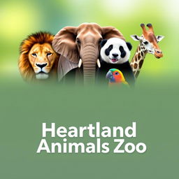 A stunning YouTube channel profile photo for 'Heartland Animals Zoo', showcasing high-quality, real photographs of iconic animals including a lion, elephant, giraffe, panda, and a colorful bird