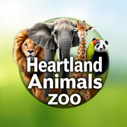A stunning YouTube channel profile photo for 'Heartland Animals Zoo', showcasing high-quality, real photographs of iconic animals including a lion, elephant, giraffe, panda, and a colorful bird