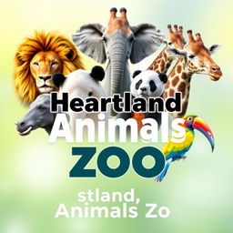 A stunning YouTube channel profile photo for 'Heartland Animals Zoo', showcasing high-quality, real photographs of iconic animals including a lion, elephant, giraffe, panda, and a colorful bird