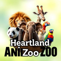 A stunning YouTube channel profile photo for 'Heartland Animals Zoo', showcasing high-quality, real photographs of iconic animals including a lion, elephant, giraffe, panda, and a colorful bird