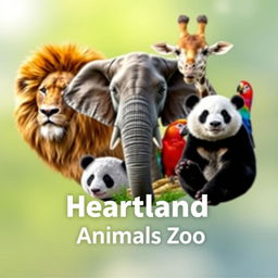 A stunning YouTube channel profile photo for 'Heartland Animals Zoo', incorporating high-quality, real photographs of iconic animals including a lion, elephant, giraffe, panda, and a colorful bird
