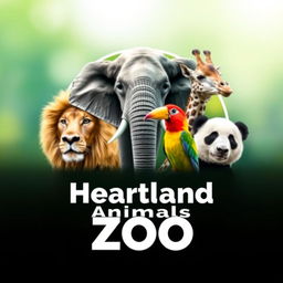 A stunning YouTube channel profile photo for 'Heartland Animals Zoo', incorporating high-quality, real photographs of iconic animals including a lion, elephant, giraffe, panda, and a colorful bird