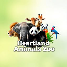 A stunning YouTube channel profile photo for 'Heartland Animals Zoo', incorporating high-quality, real photographs of iconic animals including a lion, elephant, giraffe, panda, and a colorful bird