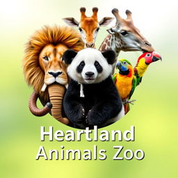 A stunning YouTube channel profile photo for 'Heartland Animals Zoo', incorporating high-quality, real photographs of iconic animals including a lion, elephant, giraffe, panda, and a colorful bird