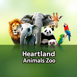A vibrant and inviting YouTube channel profile photo for 'Heartland Animals Zoo' featuring high-quality, real photographs of iconic animals: a lion, elephant, giraffe, panda, and a colorful bird