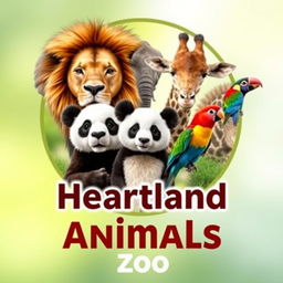 A vibrant and inviting YouTube channel profile photo for 'Heartland Animals Zoo' featuring high-quality, real photographs of iconic animals: a lion, elephant, giraffe, panda, and a colorful bird