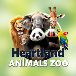 A vibrant and inviting YouTube channel profile photo for 'Heartland Animals Zoo' featuring high-quality, real photographs of iconic animals: a lion, elephant, giraffe, panda, and a colorful bird