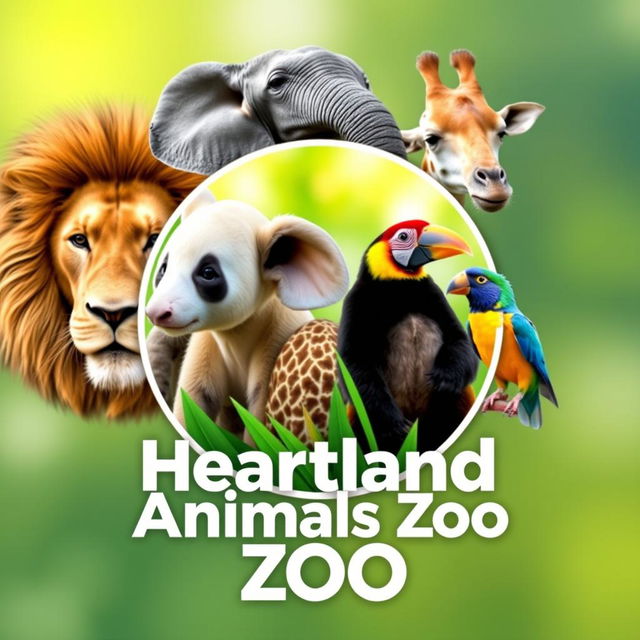 A vibrant and inviting YouTube channel profile photo for 'Heartland Animals Zoo' featuring high-quality, real photographs of iconic animals: a lion, elephant, giraffe, panda, and a colorful bird