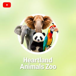 A stunning YouTube channel profile photo for 'Heartland Animals Zoo', featuring high-quality real photographs of a lion, elephant, giraffe, panda, and a colorful bird arranged in a circular emblem-like composition