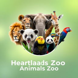 A stunning YouTube channel profile photo for 'Heartland Animals Zoo', featuring high-quality real photographs of a lion, elephant, giraffe, panda, and a colorful bird arranged in a circular emblem-like composition