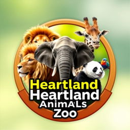 A stunning YouTube channel profile photo for 'Heartland Animals Zoo', featuring high-quality real photographs of a lion, elephant, giraffe, panda, and a colorful bird arranged in a circular emblem-like composition