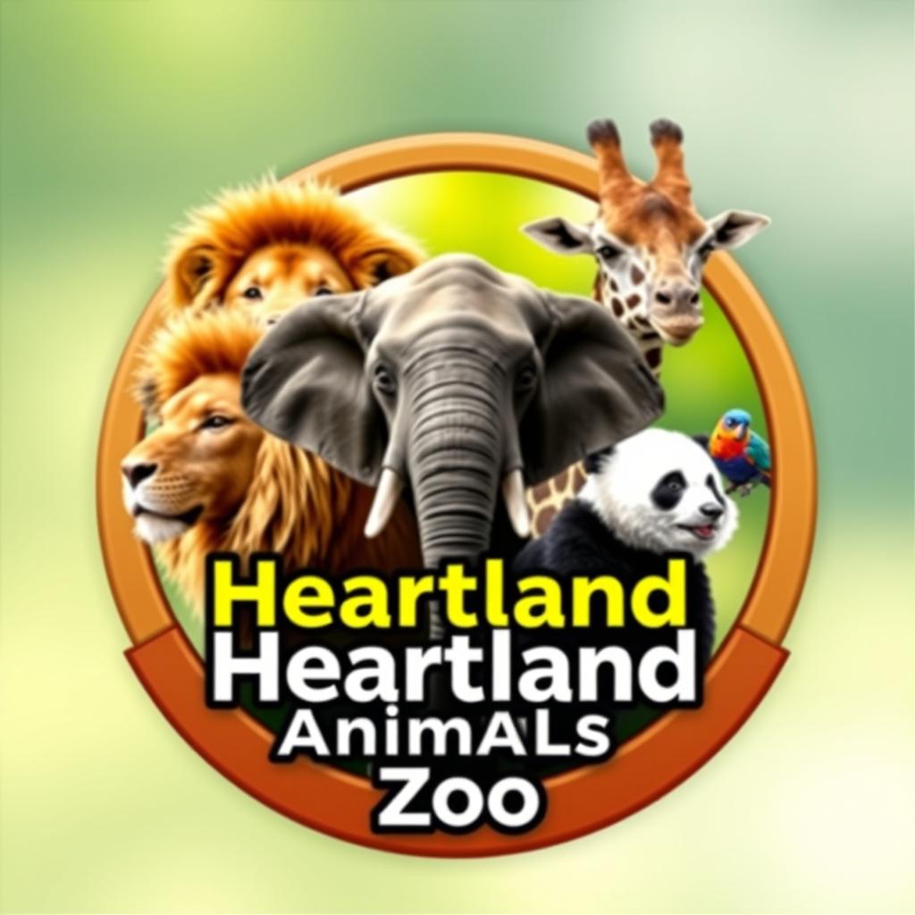 A stunning YouTube channel profile photo for 'Heartland Animals Zoo', featuring high-quality real photographs of a lion, elephant, giraffe, panda, and a colorful bird arranged in a circular emblem-like composition