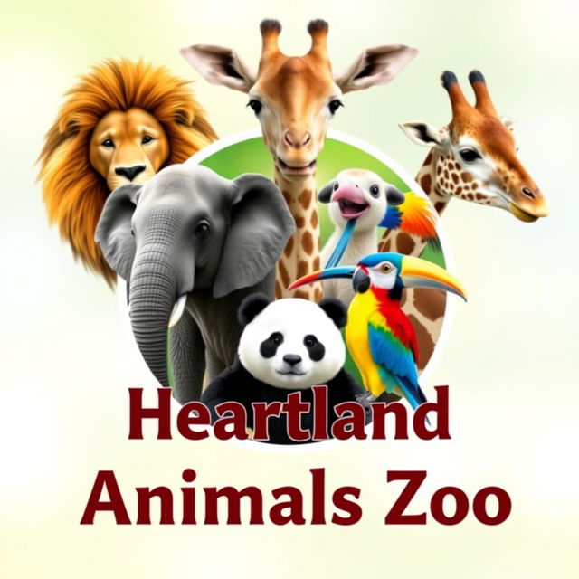 A stunning YouTube channel profile photo for 'Heartland Animals Zoo', featuring high-quality real photographs of a lion, elephant, giraffe, panda, and a colorful bird arranged in a circular emblem-like composition