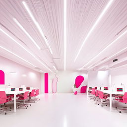 A futuristic co-working space featuring a white vinyl floor, white ceiling, and white lighting. Added hot pink design elements juxtapose against the white. Long co-working style desks and chairs accommodate 30-50 people.