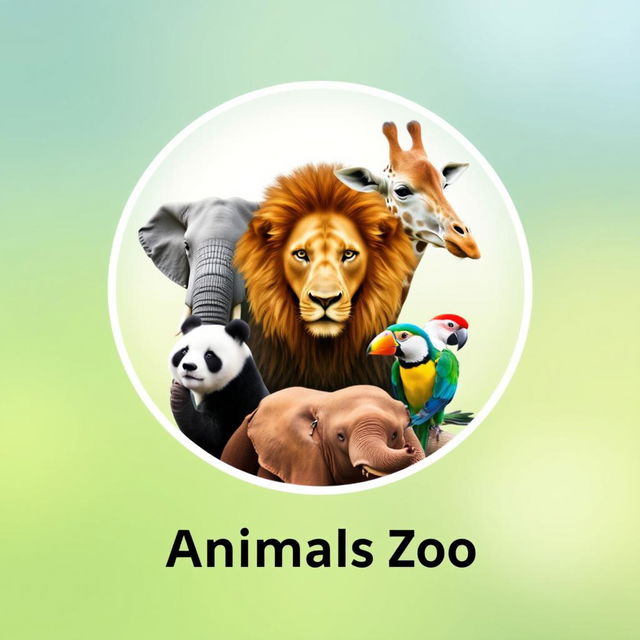 A stunning YouTube channel profile photo for 'Heartland Animals Zoo', featuring high-quality, real photographs of iconic animals: a majestic lion, a gentle elephant, an elegant giraffe, an adorable panda, and a colorful bird