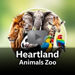 A stunning YouTube channel profile photo for 'Heartland Animals Zoo', featuring high-quality, real photographs of iconic animals: a majestic lion, a gentle elephant, an elegant giraffe, an adorable panda, and a colorful bird