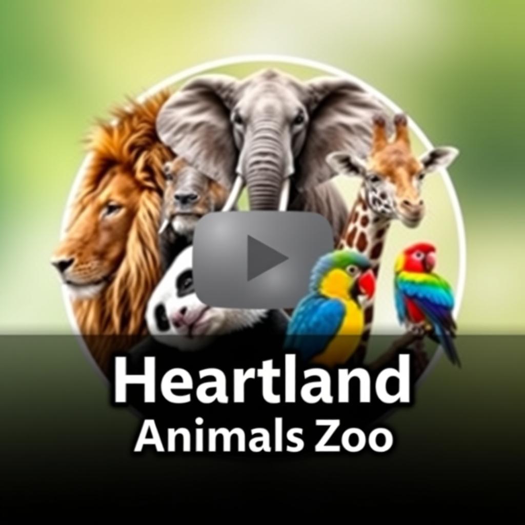 A stunning YouTube channel profile photo for 'Heartland Animals Zoo', featuring high-quality, real photographs of iconic animals: a majestic lion, a gentle elephant, an elegant giraffe, an adorable panda, and a colorful bird