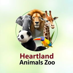 A stunning YouTube channel profile photo for 'Heartland Animals Zoo', featuring high-quality, real photographs of iconic animals: a majestic lion, a gentle elephant, an elegant giraffe, an adorable panda, and a colorful bird