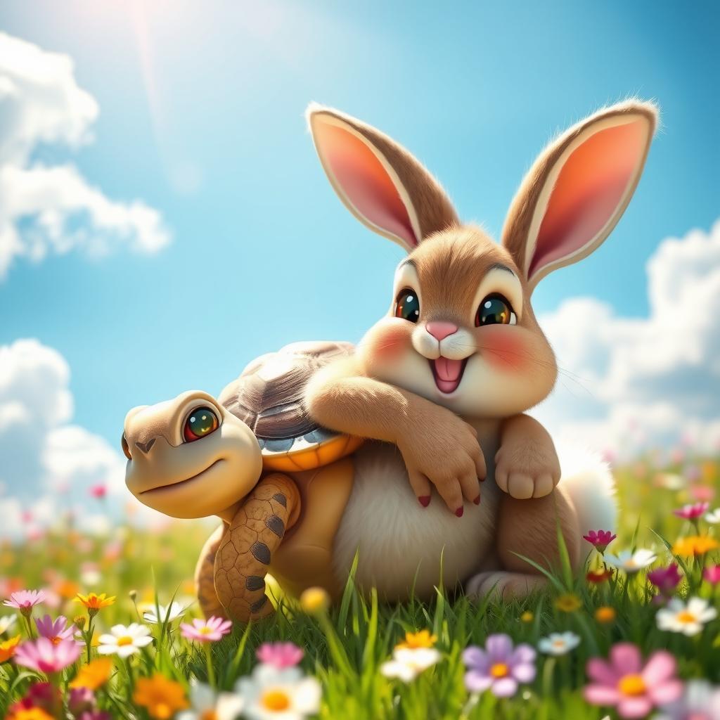 A cheerful tortoise lying on the back of a happy rabbit, both smiling brightly