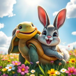 A cheerful tortoise lying on the back of a happy rabbit, both smiling brightly