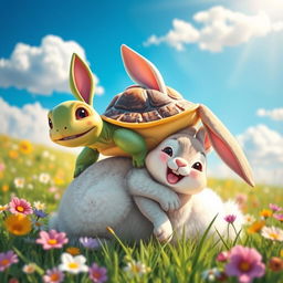 A cheerful tortoise lying on the back of a happy rabbit, both smiling brightly
