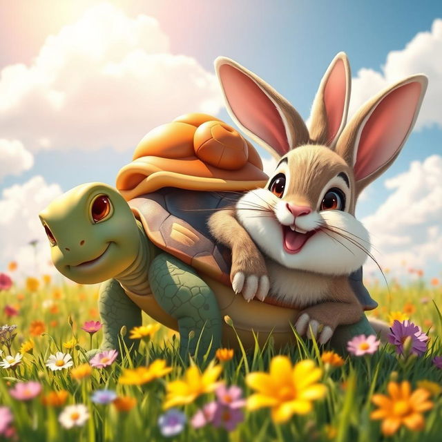 A cheerful tortoise lying on the back of a happy rabbit, both smiling brightly